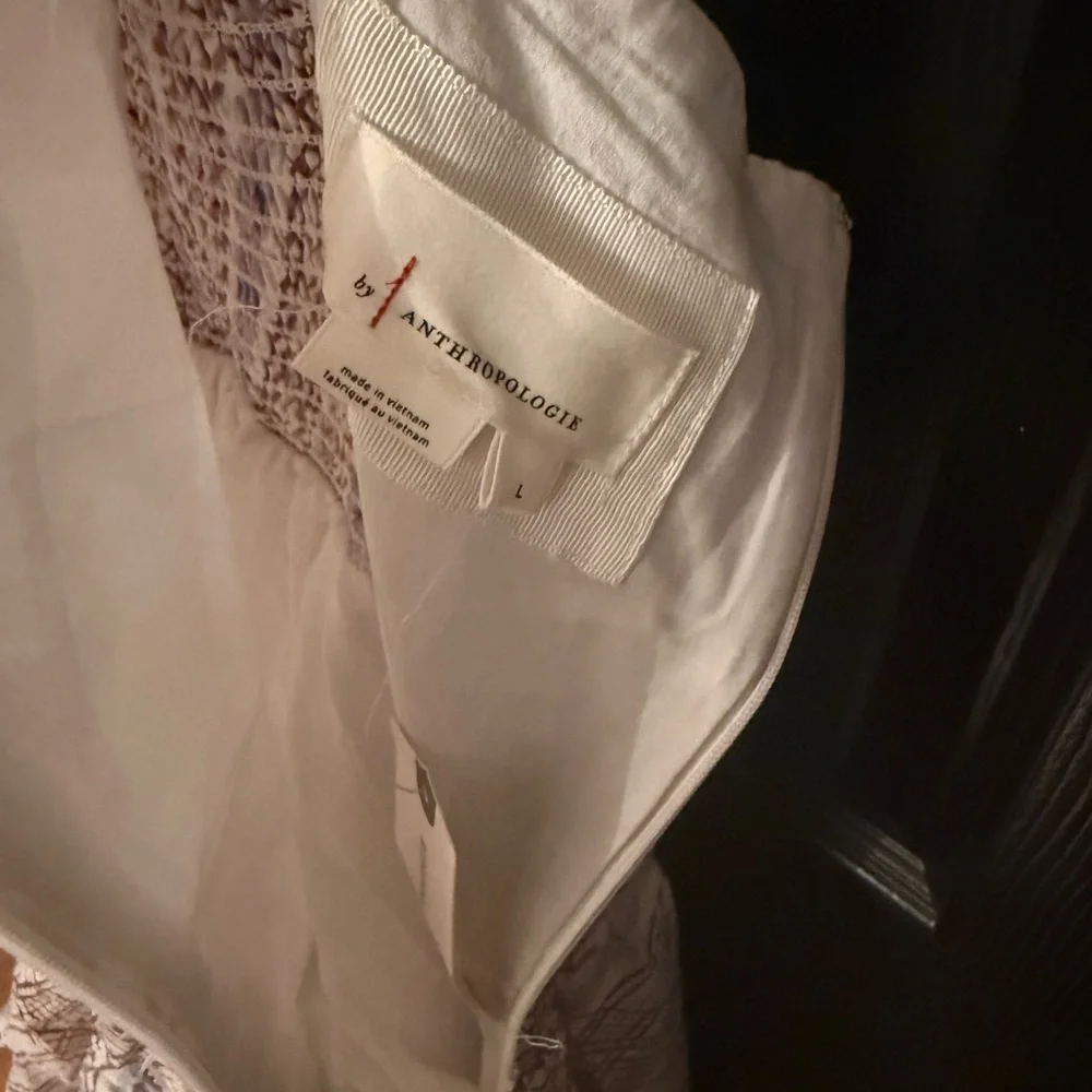 Anthropologie The Bobbi Plaid Lace-Trim Ruffle Midi Dress in White & Brown Large - Picture 6 of 7